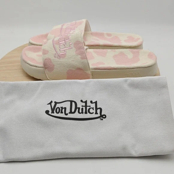 Von Dutch Slide Sandals Mens Size 12 Pink Cow Print Logo Slip On Shoes MSH5035 - Picture 2 of 9